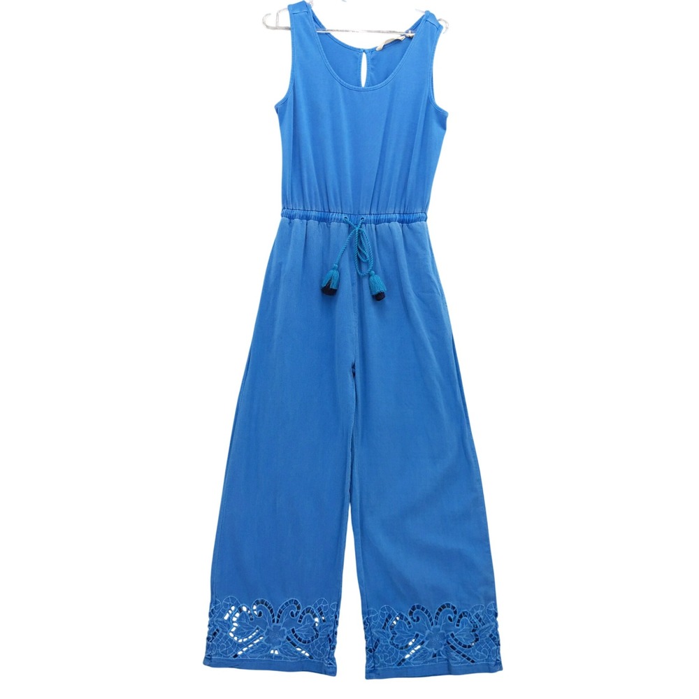 Soft Surroundings Womens XS Blue Sleeveless Wide Leg Jumpsuit‎ Lace Trim